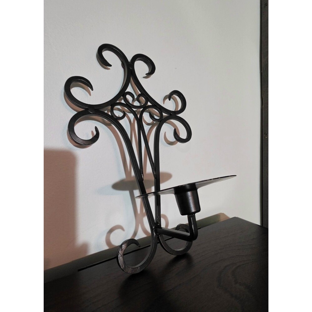 Black Wrought Iron Wall Candle Sconce Scroll Pillar Holder Vintage Farmhouse - Picture 8 of 10